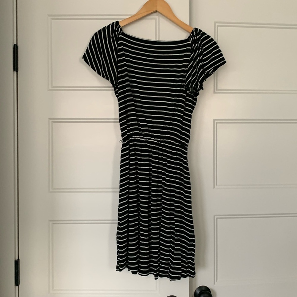 XS Petite black and white striped LOFT dress